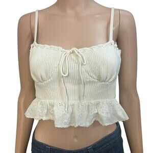 Zara Knit Milkmaid Cropped Tank Top Small Ruffle Cottagecore Prairie Ribbed
